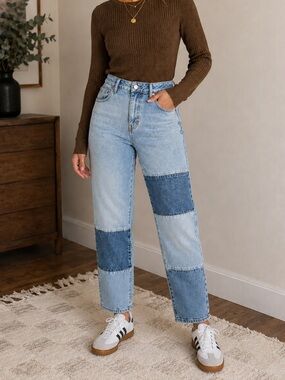 PacSun Patchwork Mom Jeans High Rise Tapered Ankle Blue Denim Size 28